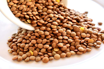Lentils dry on a white plate, preparation for cooking.