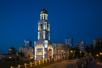 Fototapeta na wymiar Bell tower with the Church of St. Nicholas at night in Samara Russia. 27 June 2018