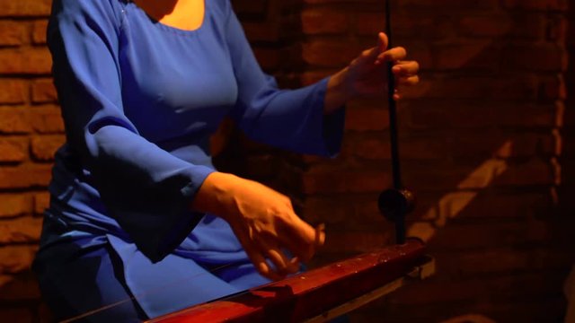 Woman playing the dan bau