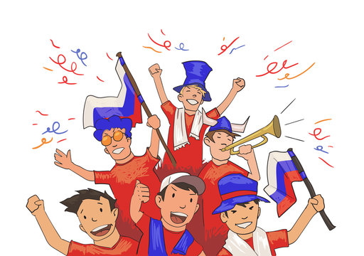 National football team supporters cheering for the players. Football fans with Russian national attributes. Colored flat vector illustration. Horizontal on white background.