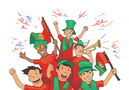 National football team supporters cheering for the players. Football fans with Portugal national attributes. Colored flat vector illustration. Horizontal on white background.