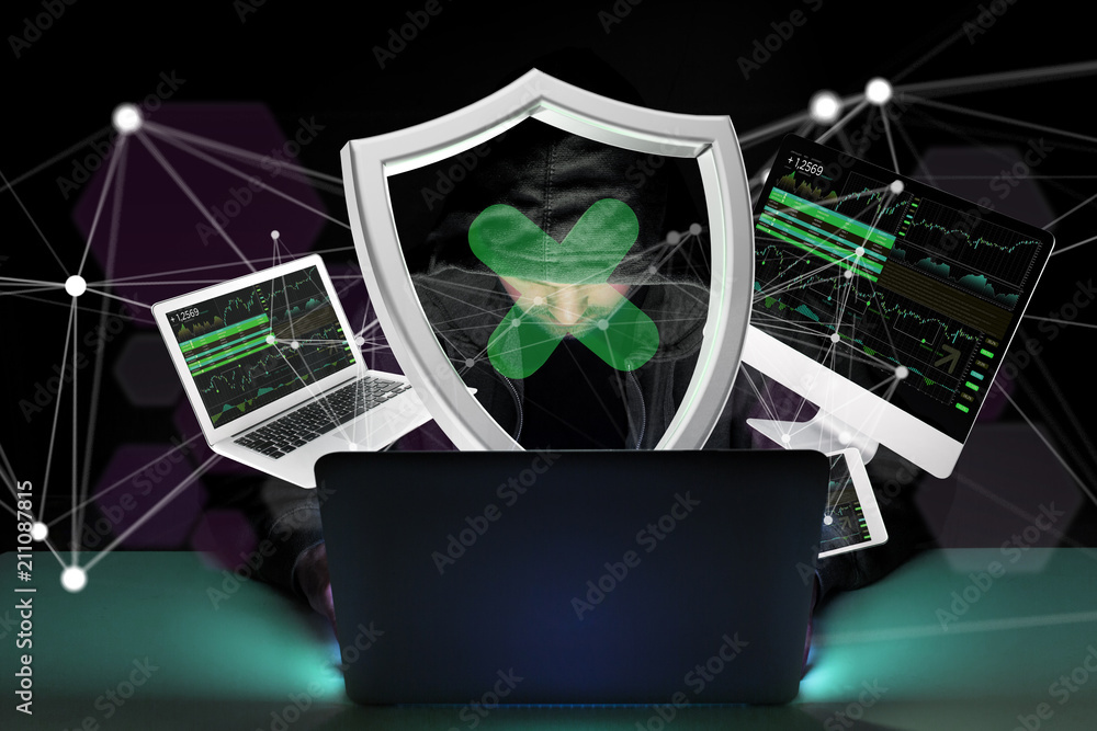 Poster hacker man in the dark using computer to hack data and information system