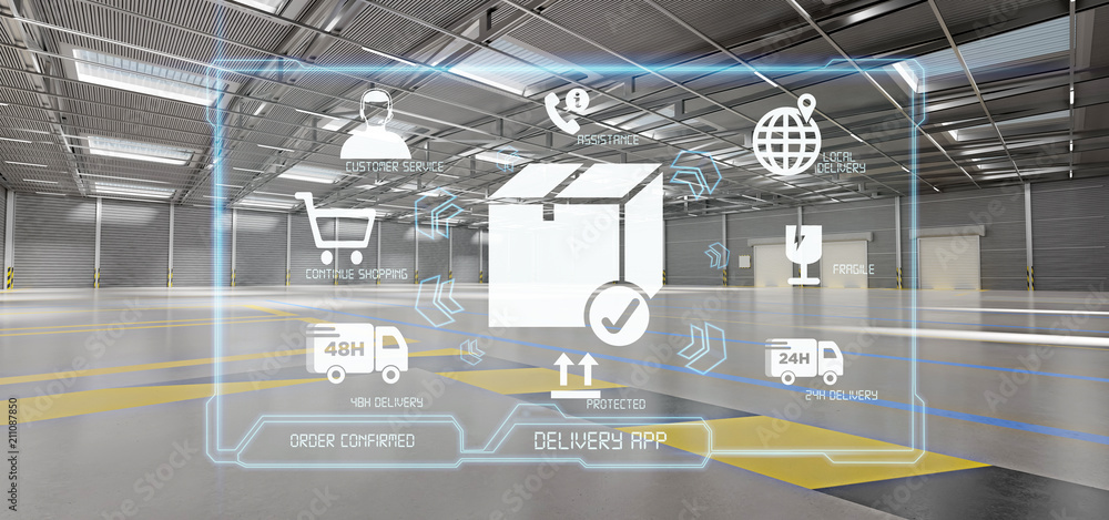 Poster logistic delivery service application on a warehouse background 3d rendering