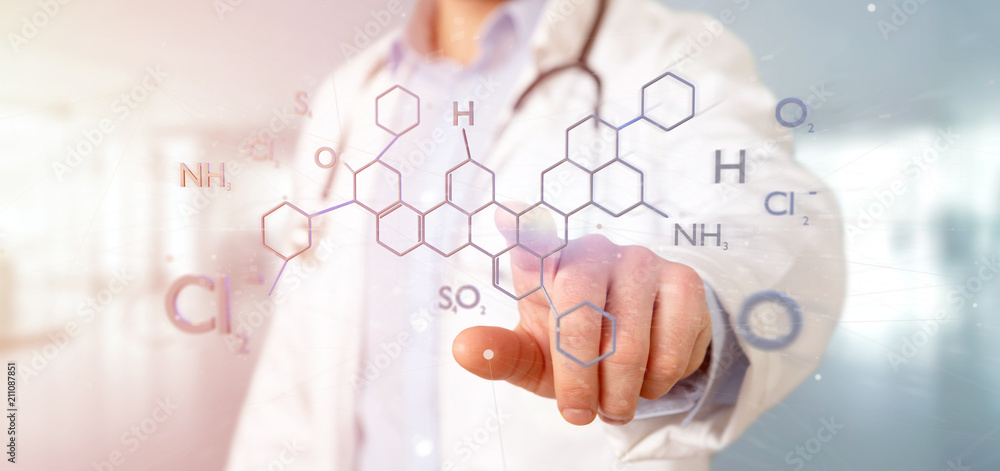 Aufkleber doctor holding a 3d rendering molecule structure isolated on a background
