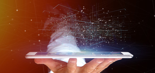 Man holding Data binary cloud 3d rendering