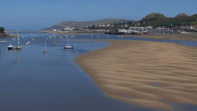 Scenic landscape of Conwy river estuary in Wales enhanced by sand waves at a low tide
