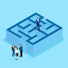 Blue background with people and labyrinth.