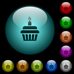 Birthday cupcake icons in color illuminated glass buttons