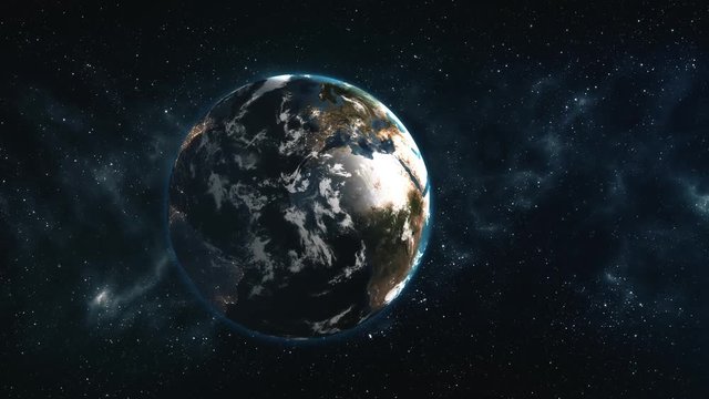 Realistic 4k Earth Rotating in Space. Globe is centered in frame. As it gets dark you see cities light up. Elements of this image furnished by NASA.