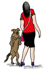 Young woman and dog.

illustration of happy street dog with scared business woman.