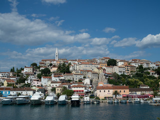 Vrsar, Croatia, Europe, June 2018. View from city port to Saint Martin's Church.