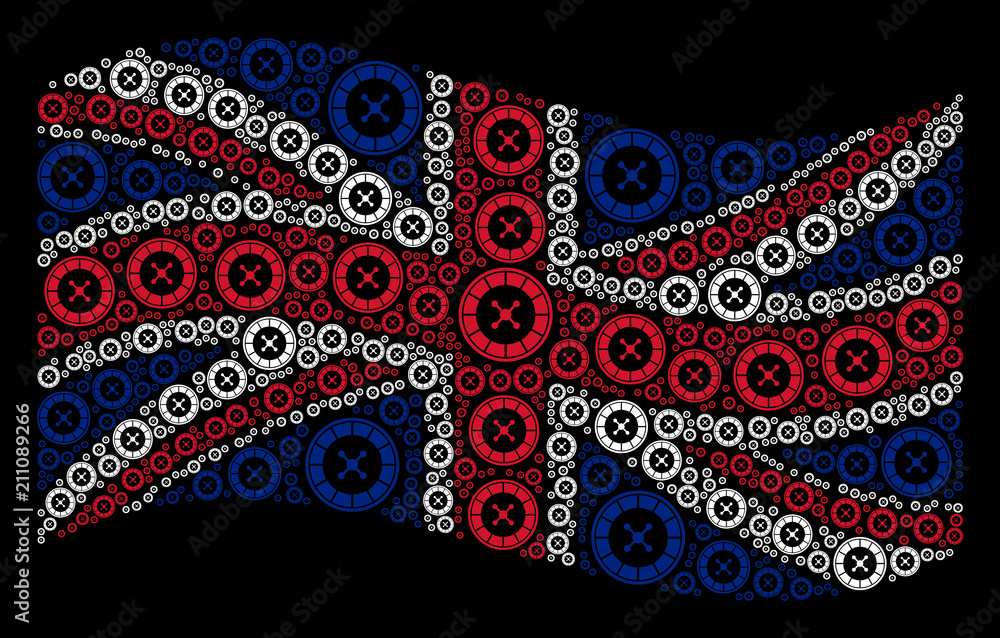 Poster waving great britain state flag on a black background. vector roulette design elements are combined 