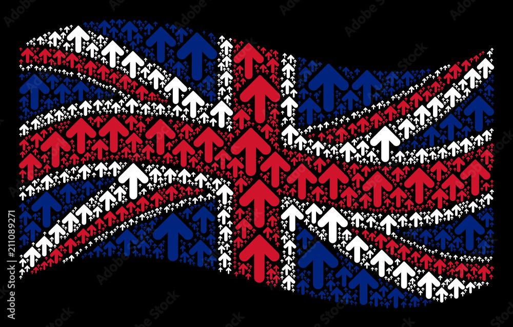 Poster waving great britain official flag on a black background. vector arrow up elements are arranged into