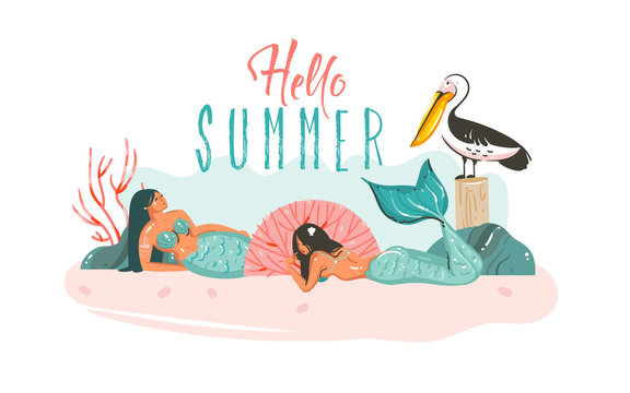 Hand drawn vector abstract cartoon graphic illustrations poster with coral reefs,pelican bird and beauty mermaids girls character relaxing on beach and Hello Summer quote isolated on white background