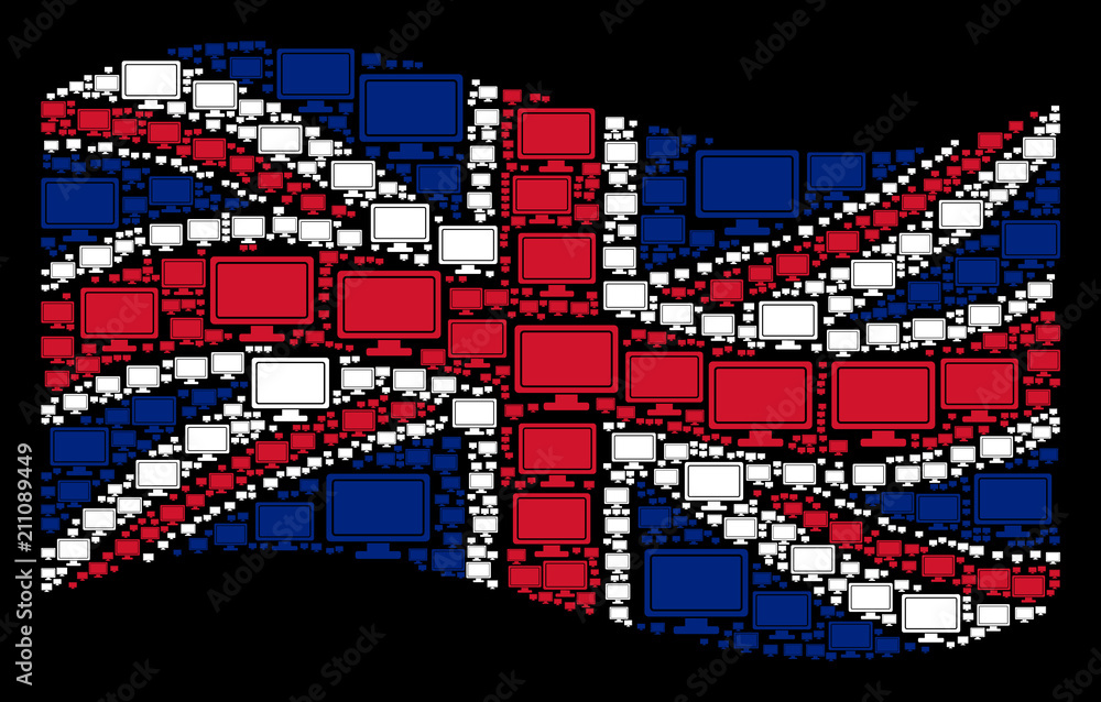 Poster waving great britain state flag on a black background. vector computer display icons are united into