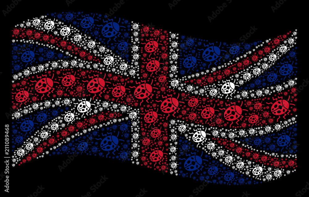 Poster waving british state flag on a black background. vector ladybird bug design elements are placed into