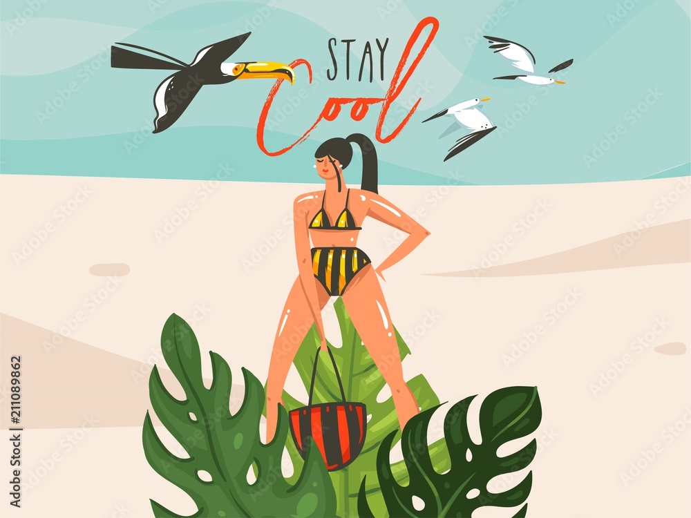 Sticker Hand drawn vector abstract cartoon summer time graphic illustrations art template sign background with girl,toucan birds on beach scene and modern typography Stay Cool isolated on white background