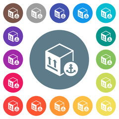 Sea package transportation flat white icons on round color backgrounds