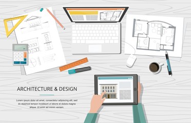 Construction project architect house plan with tools, laptop and notebook. Workplace. 
