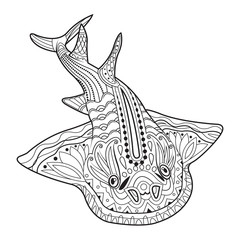 Hand-drawn shark with ethnic doodle coloring page.