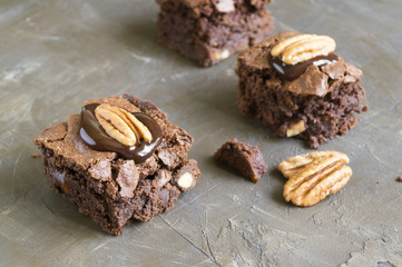 Brownie. Dark chocolate cakes, Baked from the oven, cut.