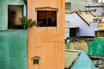 Colorful walls of abandoned houses in Nha Trang city, Vietnam