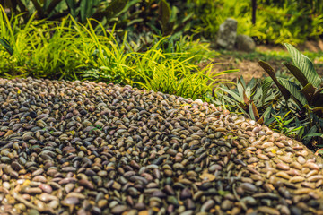 Close up of pebble stones on the pavement for foot reflexology, selective focus