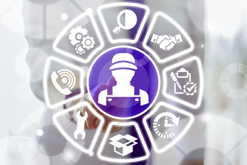Service Business Industry concept. Woman clicks a repairer man with uniform and cap button...