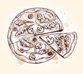 Sliced pizza with Ruccola and champignons. Italian cuisine. Ink hand drawn Vector illustration. Top view. Food element for menu design.