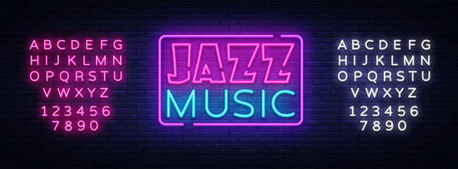 Jazz Music neon sign vector. Jazz Music design template neon sign, light banner, neon signboard, nightly bright advertising. Vector illustration. Editing text neon sign