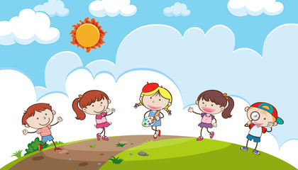 Obraz na płótnie Canvas Young children playing on a hill