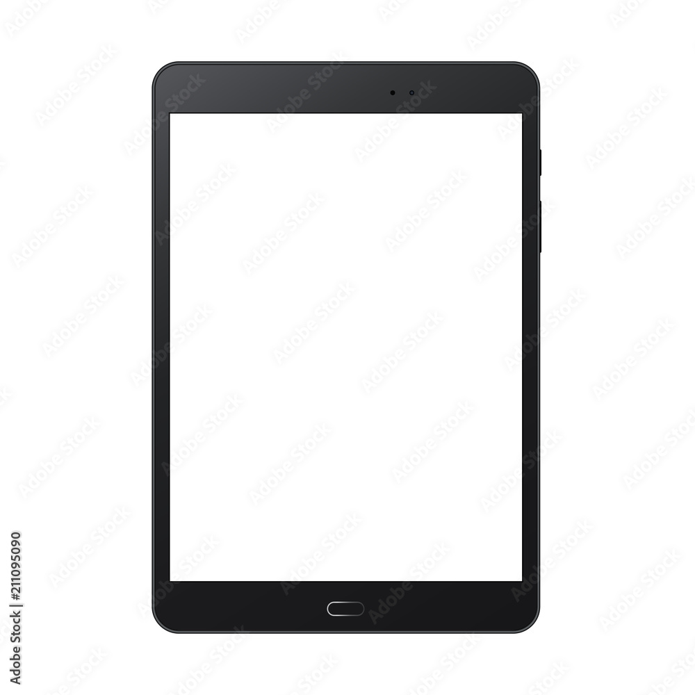 Poster black tablet computer mock up with blank screen isolated on white backround - front view. vector ill