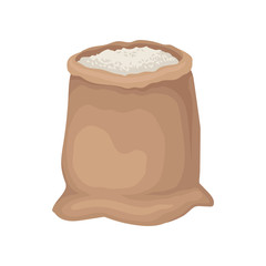 Flat vector icon of big brown sack with rice or flour. Large textile bag. Food storage. Element for promo poster or product packaging