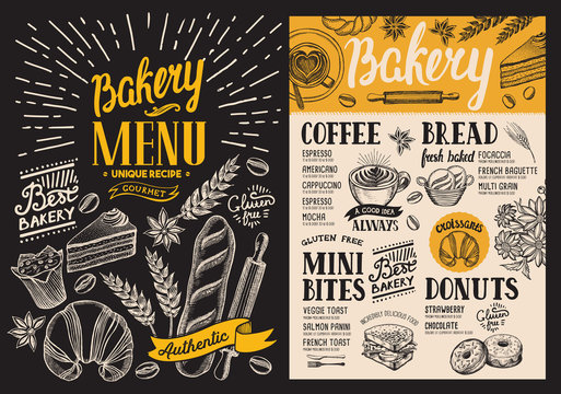 Bakery dessert menu for restaurant on blackboard background. Design template with food hand-drawn graphic illustrations. Vector food flyer for bar and cafe.
