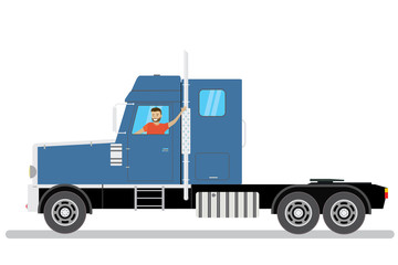 Happy cartoon caucasian male rides in Blue semi truck - obrazy, fototapety, plakaty