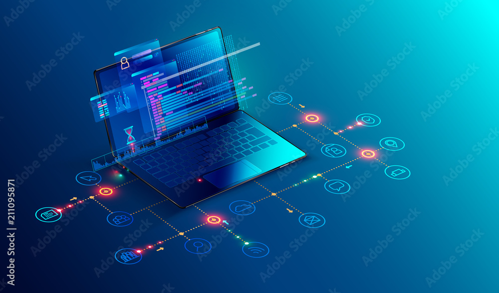 Fototapete Software, web development, programming concept. Abstract Programming language and program code on screen laptop. Laptop and icons company network . Technology process of Software development