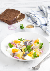 Potato salad with herring, egg, onion, tasty snack with mustard in white plate