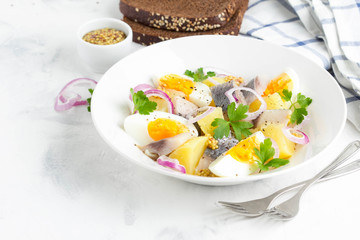 Potato salad with herring, egg, onion, tasty snack with mustard in white plate