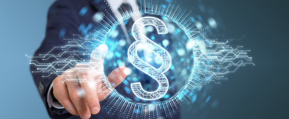 Businessman using law paragraph digital hologram 3D rendering