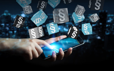 Businessman holding and touching 3D rendering law cubes