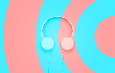 Realistic 3D divided pastel circle coloured headphones with wires
