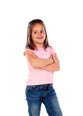 Happy small girl with straight hair isolated on a white background