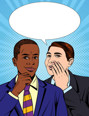 Vector colorful pop art comic style illustration of one businessman telling a secret information to his colleague. Portrait of two young handsome guys in suit who having a dialog