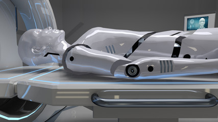 Robot in a medical facility with futuristic body scan. 3d rendering