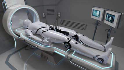 Robot in a futuristic medical facility. 3d rendering