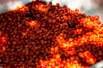 Bones from the cherry. Cherry seeds. Background of bones