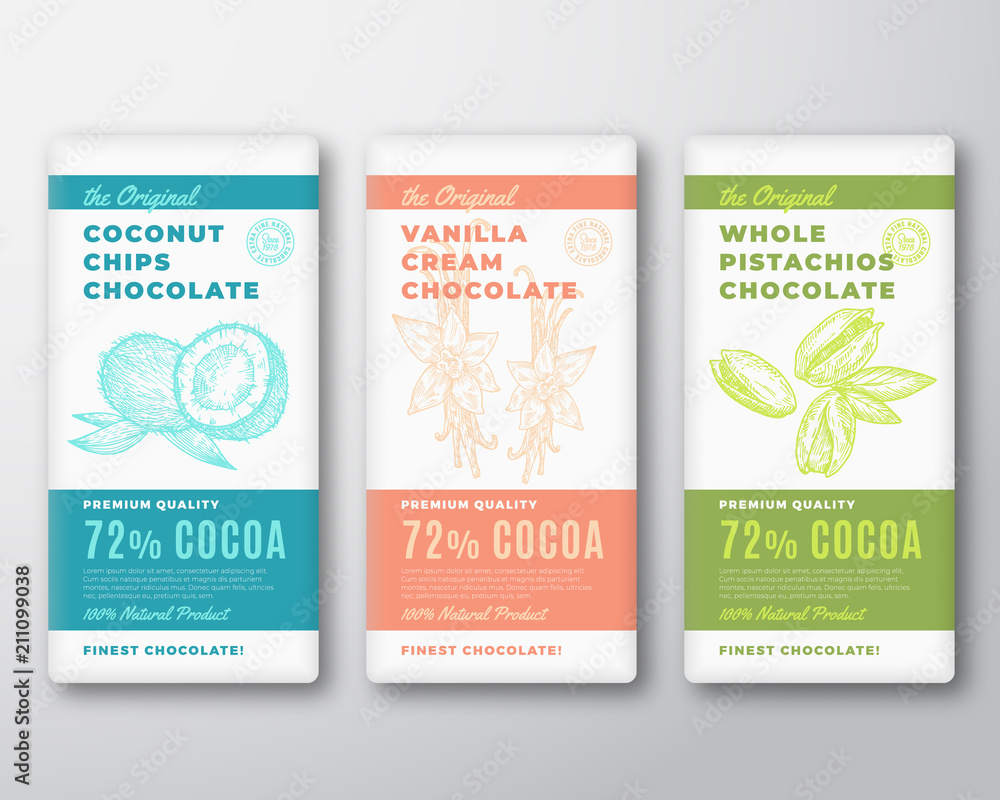 Wall mural the original finest cocoa chocolate bar abstract vector packaging design labels set. typography and 