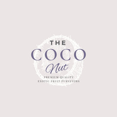 The Coconuts Abstract Vector Sign, Symbol or Logo Template. Elegant Hand Drawn Coconut Half with Retro Typography. Vintage Luxury Emblem.