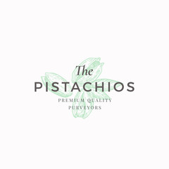 The Pistachios Abstract Vector Sign, Symbol or Logo Template. Elegant Hand Drawn Nuts Sillhouette with Retro Typography. Vintage Luxury Emblem.