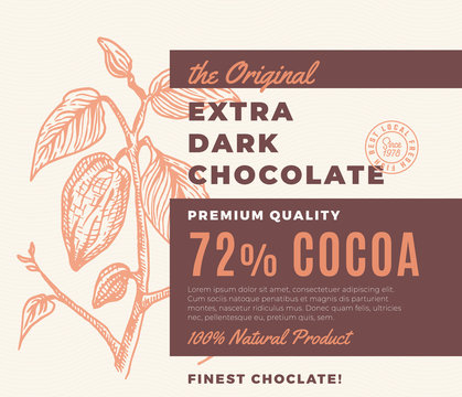 The Original Extra Dark Chocolate Abstract Vector Design Label. Modern Typography and Hand Drawn Cocoa Branch with Leaves and Bean Sketch Silhouette Background Layout.